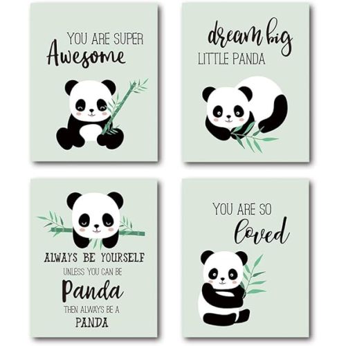 XWELLDAN Inspirational Quotes Cute Panda Wall Art Prints, Girls Boys Gifts for Nursery Kids Bedroom Classroom Decor, 8 x 10 Inch Unframed Set of 4 Prints