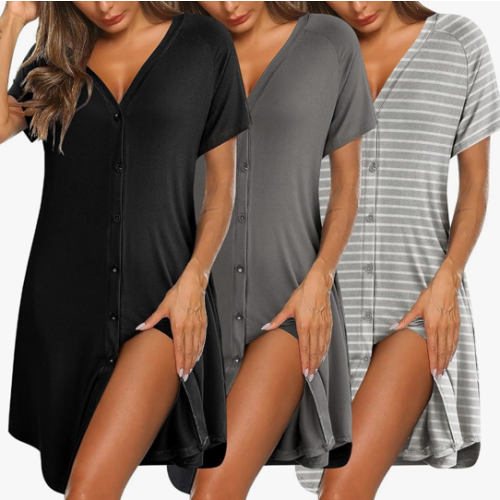 Ekouaer 3 Pack Women's Nightshirt Button Down Nightgown Short Sleeve Sleepshirt V Neck Pajama Dress with Pockets