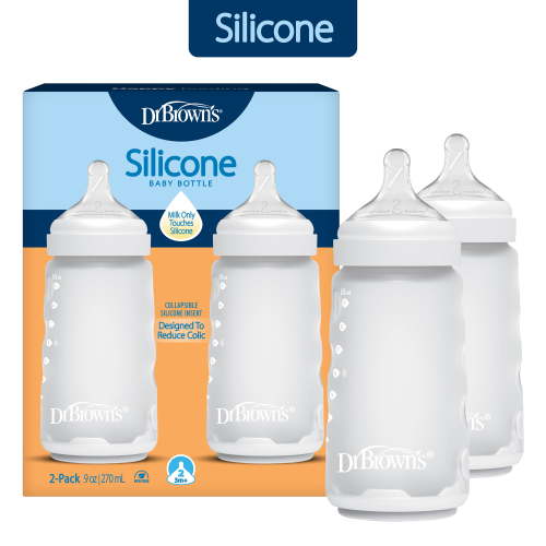 Dr. Brown's Silicone Baby Bottle, Designed to Reduce Colic, 9 oz, Level 2 Medium Flow, White, 2-Pack
