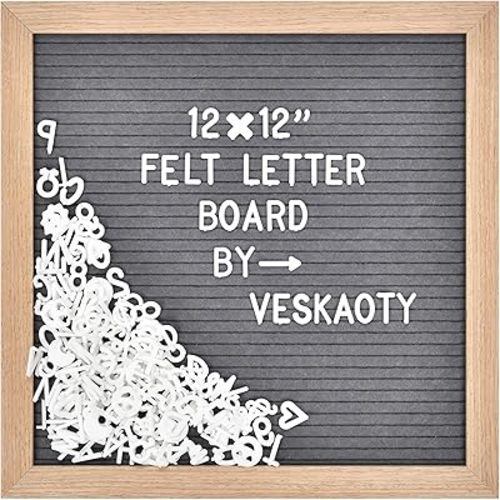 Felt Letter Board with 460 Letters, Numbers & Symbols - 12 x 12 inch Changeable Message Board with Wooden Frame Wall Mount Hook (Gray)