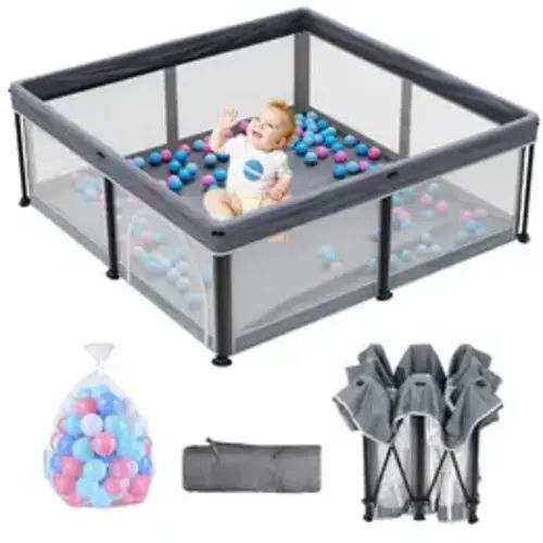 Foldable Baby PlayPen with Mat 50"x50"，Playpen for Babies and Toddlers with Gate Breathable ，Foldable Travel PlayPen with 50 Ocean Balls ，Floor Playpen#tiktokshopbacktoschool - TikTok Shop