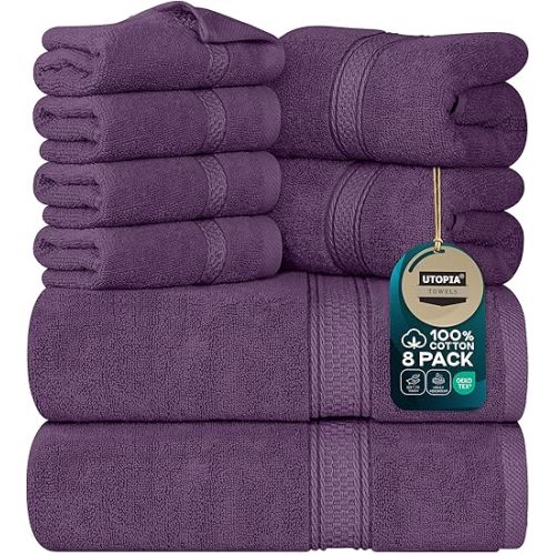 Utopia Towels 8 Piece Premium Towel Set, 2 Bath, 2 Hand, and 4 Wash Cloths, 600 GSM 100% Ring Spun Cotton, Highly Absorbent Towels for Bathroom, Gym, Hotel, and Spa, Plum
