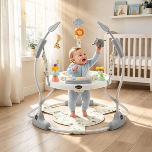 TODECARE 3-in-1 Baby Activity Jumper – Baby Exersaucer with 360° Rotating Seat, 3-Level Adjustable Height, Interactive Toys, Removable Foot Mat, Gray