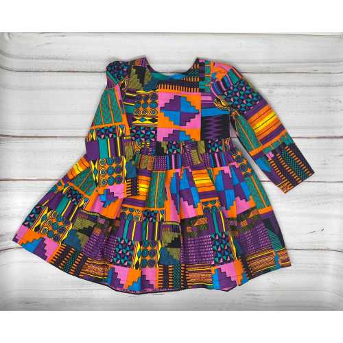 Pink Ankara African Print Girl's Dress: Long Sleeve Kente