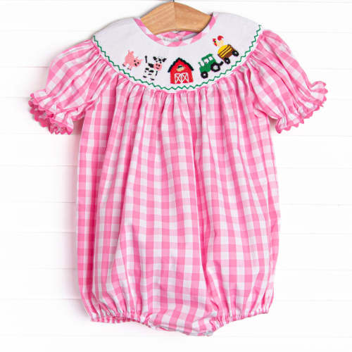 Fun at the Farm Smocked Bubble, Pink Check – Stitchy Fish