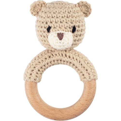 Joliecraft Safari Animals Wooden Baby Rattle Toys Stuffed Crochet Rattle with Teether Ring for Newborn, Beige Bear