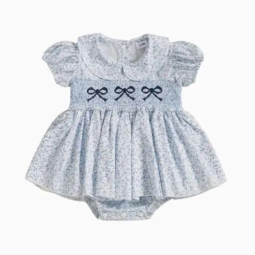 Newborn Baby Girl Smocked Romper Dress Bow Embroidery Floral Print Peter Pan Collar Short Sleeve Bubble Bodysuit Princess Birthday Party Dresses #Springtok - TikTok Shop