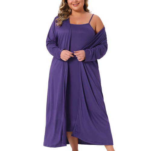 Agnes Orinda Women's Plus Size 2 Piece Nightgown with Robes Set Spaghetti Straps Sleepwear Soft Lounge Full Length Nightwear 1X Purple