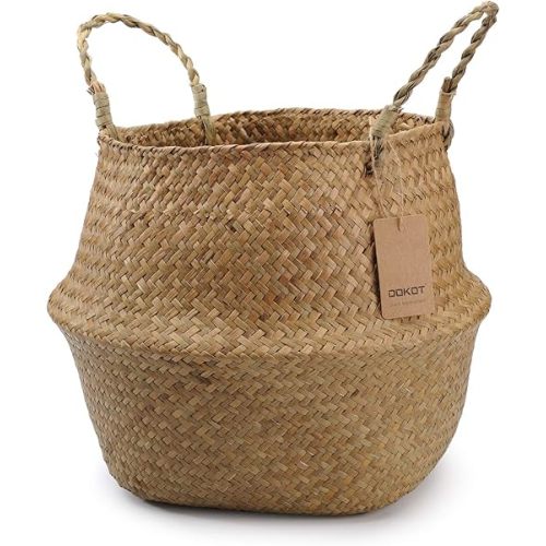 DOKOT Seagrass Plant Basket with Handles, Wicker Woven Storage Basket, 9.5inch Diameter x 11inch Height