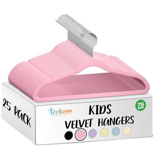 TechZoo 25 Premium Kids Velvet Hangers - 14" Non-Slip Clothes Hangers for Kids & Preteens - Ultra Slim, Space-Saving, Strong & Durable Hangers with 360° Swivel Hook - Pink