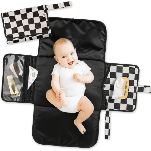 Tiny Twinkle Portable Diaper Changing Pad | Waterproof, Wipeable & Compact Baby Changing Pad for Travel | Smart Wipes Pocket & Organized Storage| Newborn Shower Gift (Black Checkers)