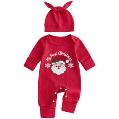 My First Christmas Baby Boy Outfit Long Sleeve Waffle Romper Jumpsuit Hat