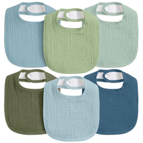 6-Pack Muslin Baby Bibs for Drooling & Teething, Absorbent Bib | Soft Cotton Baby Drool Bib for Baby Boy Girl, Easy Adjustable Bibs for Toddlers, Newborn, Infants 0-36 Months Green & Blue