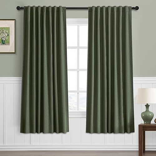 Blackout Curtains 63 Inch Long for Bedroom Living Room, Olive Green Drapes Thermal Insulated Room Darkening Noise Reducing Linen Black Out Curtain with Back Tab 2 Panels Set