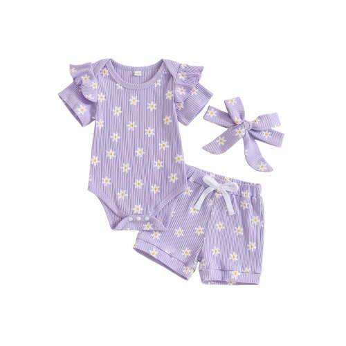 Baby Toddler Girls Summer Outfit 3 6 12 18 Months Short Sleeve Romper + Floral Elastic Waist Shorts + Headband Set Infant Clothes