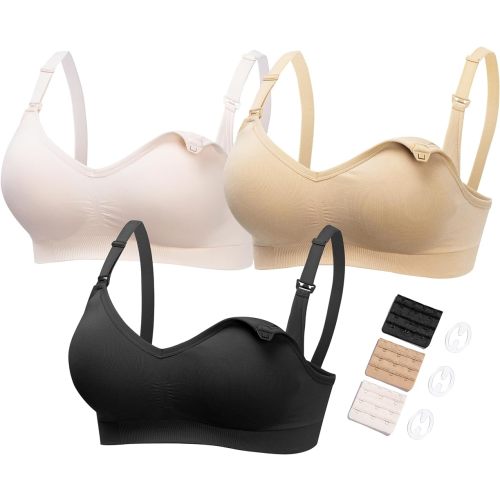 HOFISH Maternity Nursing Bras for Breastfeeding, 3 Pack Pregnancy Deep V Neck Wireless Bra with Extenders & Clips