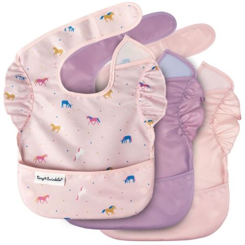 Tiny Twinkle Mess-Proof and Waterproof Baby Food Bib for Boys or Girls, Machine Washable and BPA-Free w/Adjustable Closure (3-Pack, Unicorn Set)