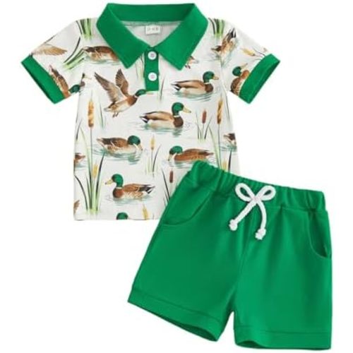Toddler Baby Boy Summer Outfits Short Sleeve Mallard Duck Collared Polo T Shirt Shorts Set 2 Piece Hunting Clothes