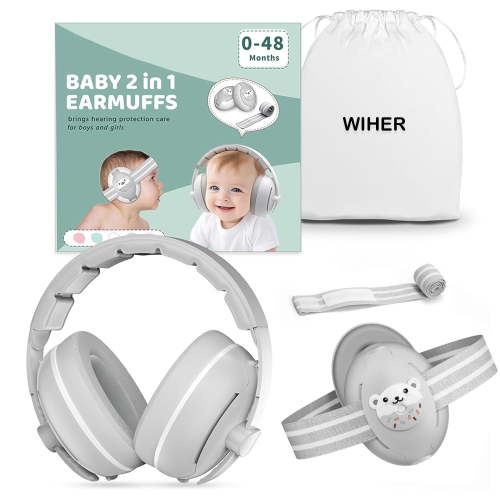 Wiher Baby Ear Muffs, 2-in-1 Baby Headphones for Noise Protection, Adjustable Noise Cancelling Headphones for Children 0-48 Months, Dual Wearing for Sleep, Plane, Outdoor Travel, Gray