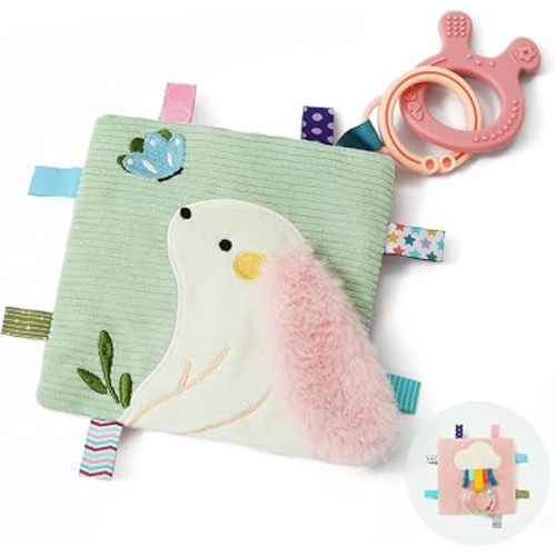 let's make Bunny Baby Lovey with Sensory Tags & Crinkle Toy, Clip-On Stroller Security Blanket Featuring Silicone Teether Newborn Gift