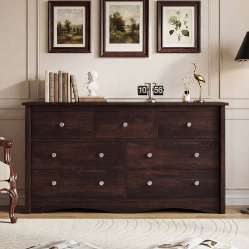 Lacoo 47'' Wide 7 Drawers Wooden Dresser for Bedroom, Modern Storage Chest of Drawers for Living Room, Brown