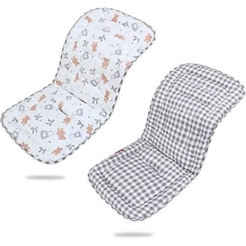 Baby Stroller Cushion,Infant Car Seat Insert-Reversible Universal Breathable and Soft Newborn Stroller Mat,100% Cotton Cover Toddler Seat Pad Liner-34x78cm,1 Pack(Butter Bear+Gray Plaid)