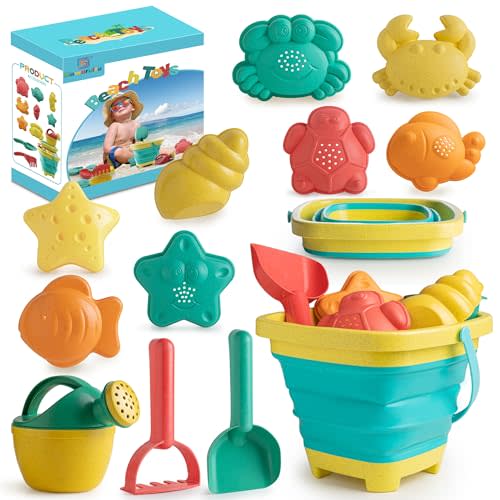 Sawaruita Beach Toys for Kids - Sand Toys Set Includes Collapsible Sand Bucket Shovel and Sand Rake Toy for Beach 12 PCS, Sandbox Toys Sandcastle Building Kit (A)