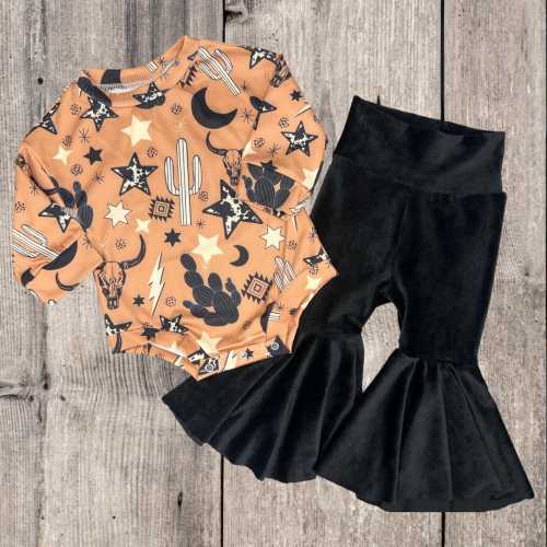 Baby Bell Bottoms +Top Outfit/ Toddler Bells/ Black Flare Pants/ Western Toddler Flares/ Cowgirl Onesie/ Black Bells