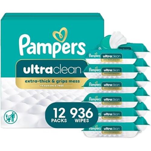 Pampers Ultraclean Baby Wipes, Unscented, Fragrance Free, Water Based, Hypoallergenic, Extra Thick & Grips Mess, 100% Plant Based, 936 Wipes Total (12X Flip-Top Packs)