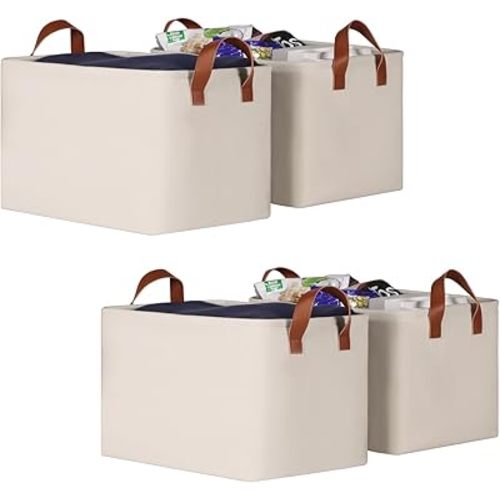 KEEGH Storage Baskets for Organizing, Fabric Storage Bins for Shelves with Leather Handle,Shelf Baskets for Closet Organization Closet Organizer Bins for Clothes,15" L x 11" W x 10" H, Beige,4 Pack