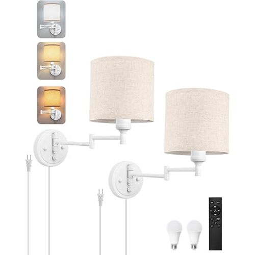 GOODATE Plug in Wall Sconces with Remote Control, Dimming, Adjustable Colors 2700K-6500K, Hardwire or Plug-in, Swing Arm Wall Lamp with Linen Fabric Shade, Wall Sconces Set of Two, White Finish