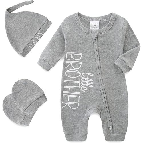 Babymine Baby Boy Clothes Little Brother Newborn Outfit 0-3 Months Coming Home Romper with Mittens and Hat