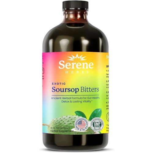 Serene Herbs Soursop Bitters Liquid with Soursop Leaves for Gut Cleanse, Detox & Immune Boost with Black Seed, Moringa, Irish Moss, Ashwaganda, Turmeric, 16 fl oz (16 Fl, Soursop)