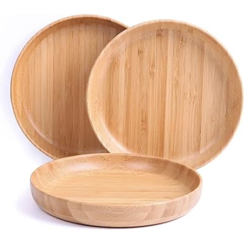 Bamboo Plates 7.5Inch Round Bamboo Plates Reusable Dinner Plates Tableware Set of 3 Wooden Plate Lightweight Dishes Snack, Dessert, Unbreakable Classic Plate