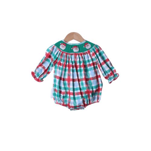 Smocked Santa Festive Plaid Bishop Bubble