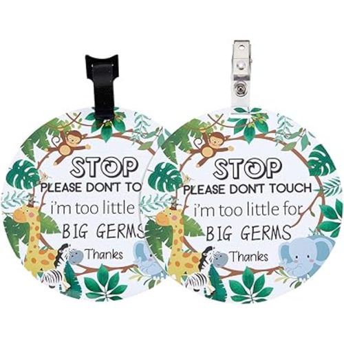 PLIGREAT 2 Pack No Touching Baby Car Seat Sign, No Kissing Baby Stroller Tag with Hanging Straps and Clip, Please Dont Touch Baby Safety Sign for Baby Girl Boy, Green Leaves and Cute Animals Pattern