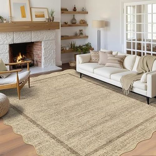 GarveeHome Scalloped Washable Rugs 9x12 Area Rug for Bedroom Modern Rug Non Slip Throw Rugs Large Living Room Rug Low Pile Soft Stain Resistant Carpet for Nursery Dining Room 9 ft x12 ft Jute