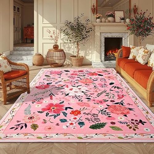 5x7 Pink Floral Rug for Living Room, Machine Washable Area Rugs with Non Slip Backingfor Girls Bedroom, Cute Flowers Carpet Kitchen Dining Room Kids Playroom Decor