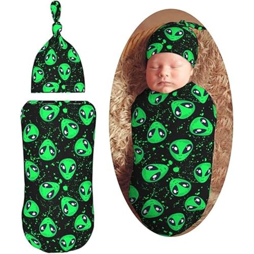 Green Alien Head Newborn Swaddle Blankets Hat Sets Soft Baby Receiving Blanket Swaddle Sack for Baby Shower Infant Boy Girl Gift