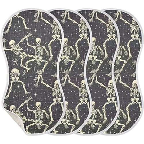 Cartoon Spooky Skeleton Muslin Baby Burp Cloths - Super Absorbent and Soft Burping Rags - Cotton Burp Clothes Set for Boys and Girls, 4 Pack
