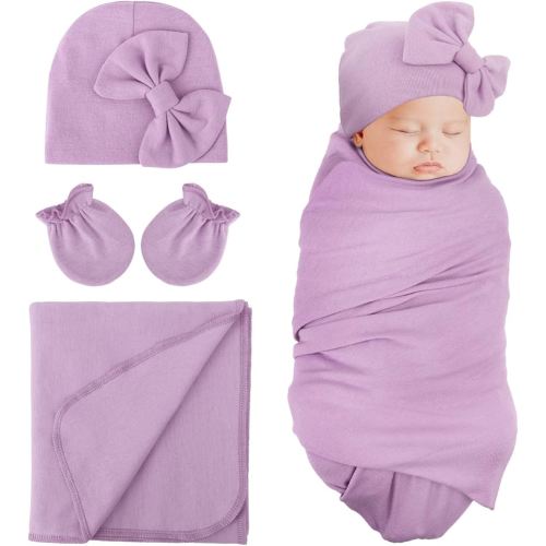 DRESHOW BQUBO Newborn Receiving Blanket Bow Hat Gloves Set Cotton Warm Baby Swaddle Blanket Wrap Baby Sleep Sack Shower Gift