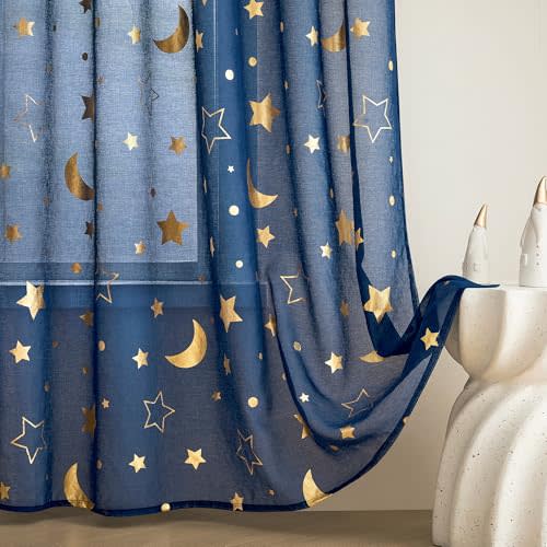 WUBODTI Navy Blue Star Sheer Curtains for Kids Room Nursery 84 Inches Long，Gold Star and Moon Patterned Semi Sheer Faux Linen Boys Curtains Rod Pocket Light Filtering Curtain Drapes 2 Panels