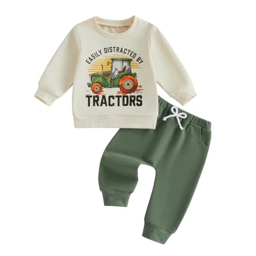 MA&BABY Toddler Baby Boy Fall Outfit Trucks/Tractors Sweatshirt Pants Set | Cotton Blend, Construction Vehicle, Diggers, Wheel Loader, Long Sleeve Pullover, Joggers, Spring, Winter, 2 Pieces Clothes