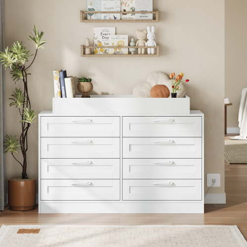 Baby Changing Dresser w/Power Outlet & Safety Rail, 8-Drawer Storage Organizer, Convertible Nursery Dresser with Anti-Tip Strap