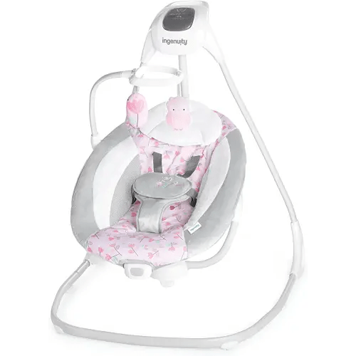 Ingenuity SimpleComfort Lightweight Compact 6-Speed Multi-Direction Baby Swing, Vibrations & Nature Sounds, 0-9 Months 6-20 lbs (Pink Cassidy)