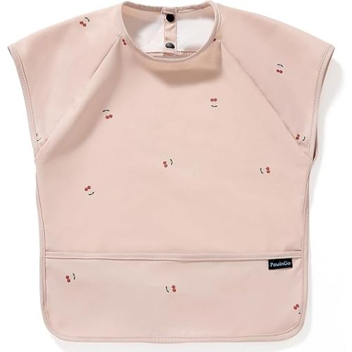 PewinGo Weaning Bib with Short Sleeves & BLW, Soft and Skin-Friendly Material, Coverall Bibs for Baby Feeding, Waterproof and Easy to Clean & Machine Washable, for Baby Infant Toddlers (Pink)