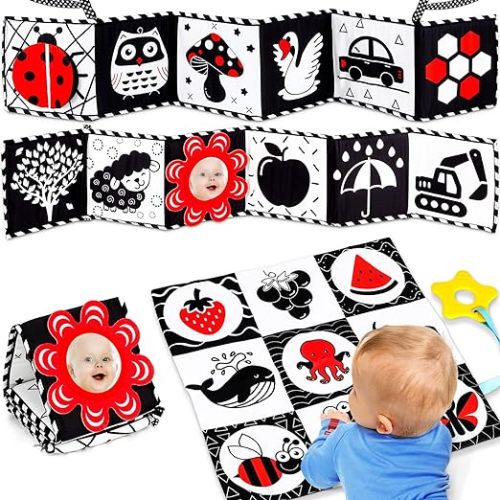 Black and White High Contrast Baby Toys 0-6 Months Montessori Tummy Time Toys Sensory Crinkle Toys for Baby Newborn Infant 0-3 3-6 Months Soft Cloth Books Carseat Toys for Baby Boy Girl Gifts