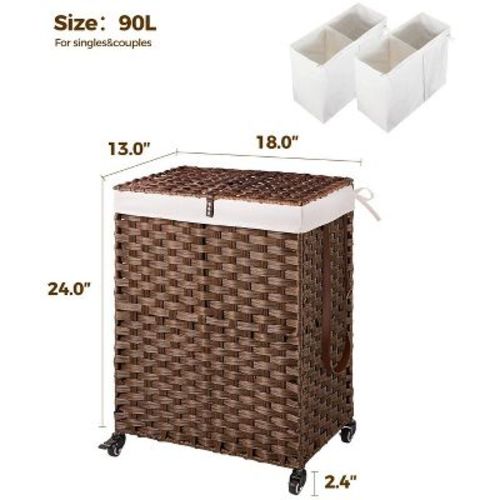Greenstell Laundry Basket with Lid, Two Removable Inner Lining Bags, Two-compartment Garment Storage Basket, Brown
