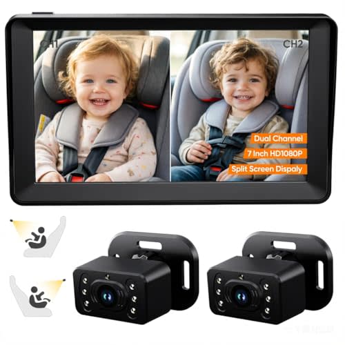 Kidsneed 7 inch HD 1080P Split Screen Baby Car Camera for 2 Kids | Car Baby Monitor with Dual Backseat Cameras, 150° Wide View, 360°Rotation, Night Vision, Rear-Facing Infant Car Seat Mirror