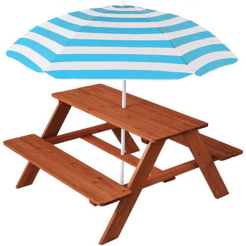 Best Choice Products Outdoor Wooden Kids Picnic Table with Umbrella, Activity Table, 220 lb Capacity - Golden Brown/Aqua